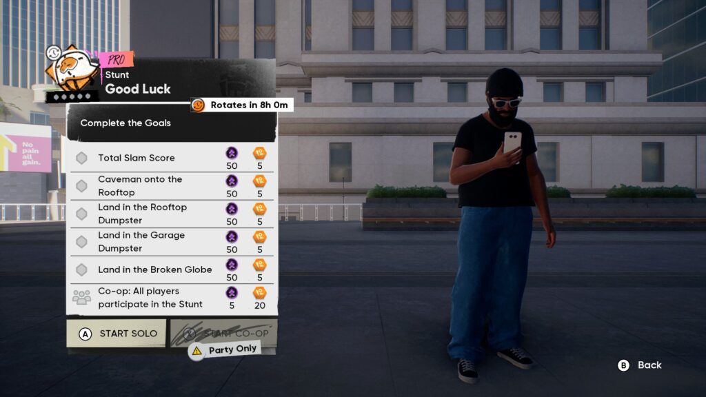 Player looking at Good Luck's Goals in Skate 4