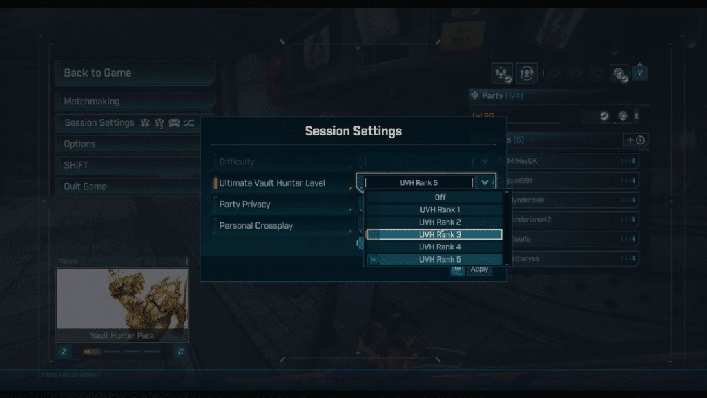 Borderlands 4 UVH Rank Session Setting