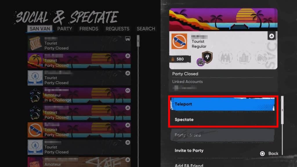 Teleport or Spectate to player in Skate 4