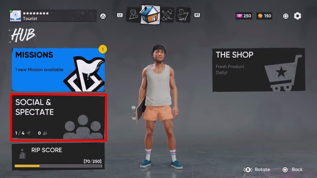 Skate 4 Social & Spectate menu