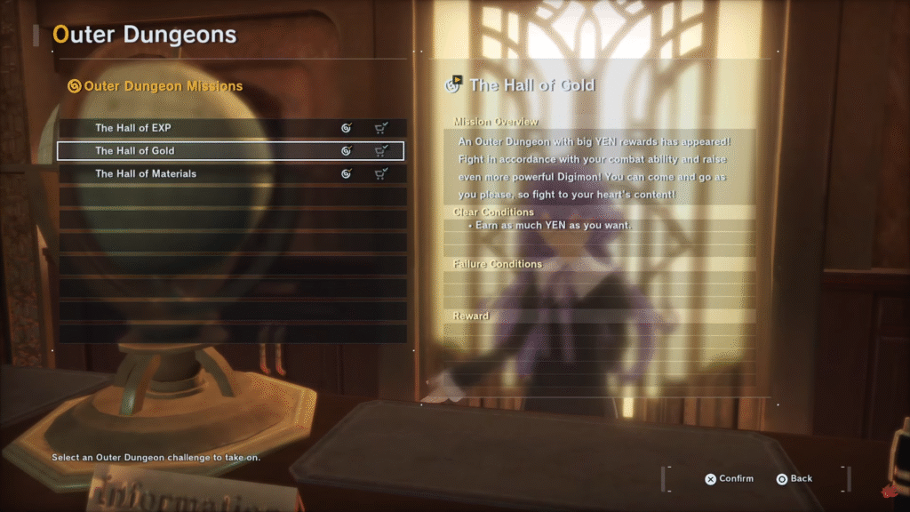 The Hall of Gold mission description and rewards screen in Digimon Story Time Stranger