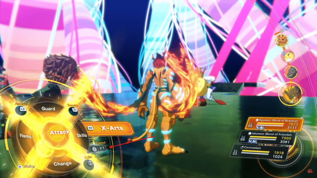 Battle menu showing the Speed setting option in Digimon Story Time Stranger