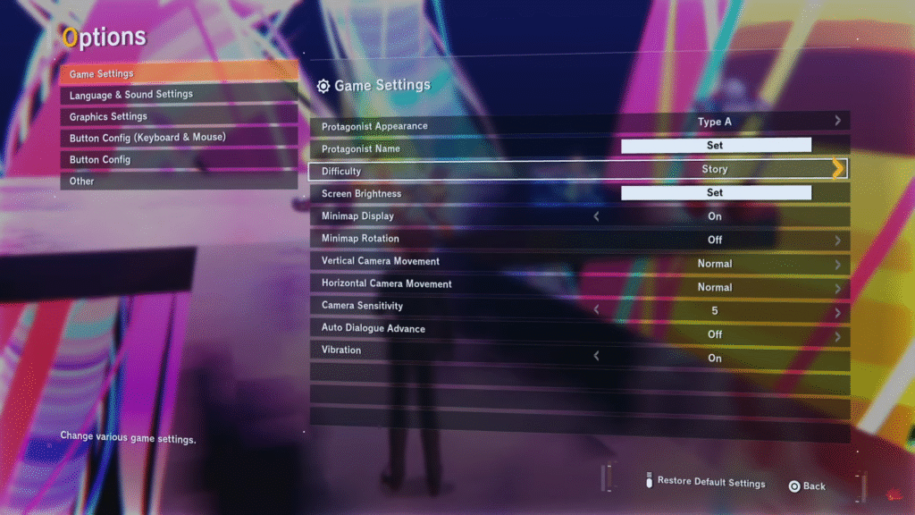 Game settings screen showing Story difficulty selected for easier farming