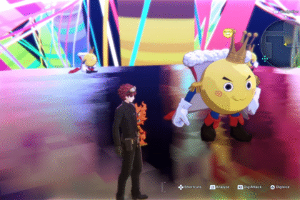 Player standing in the colorful Hall of Gold dungeon in Digimon Story Time Stranger.