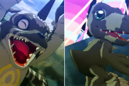 Close-up of BlackAgumon and BlackGabumon in split-screen celebrating victory animation in Digimon Story Time Stranger
