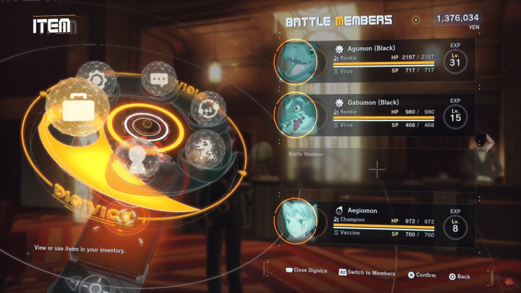 Player accessing Digivice battle menu showing BlackAgumon and BlackGabumon in the party