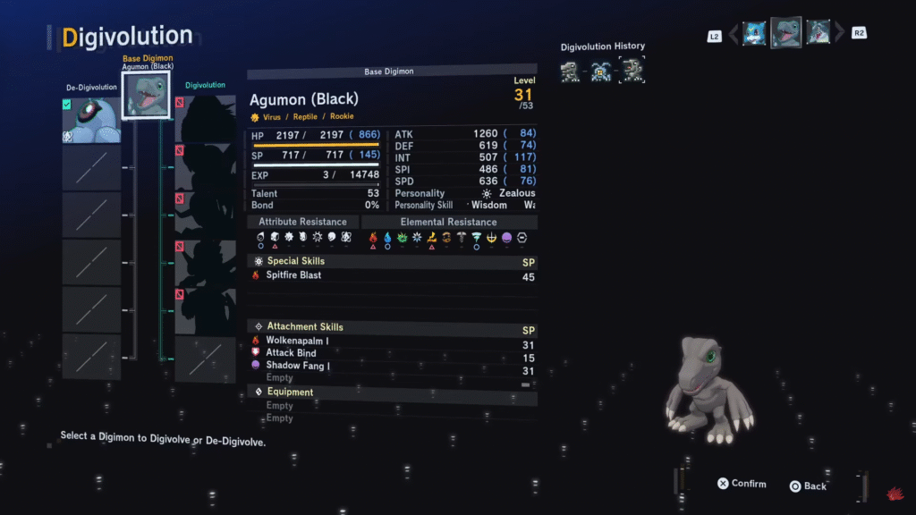 BlackAgumon Digivolution screen showing stats and attributes in Digimon Story Time Stranger
