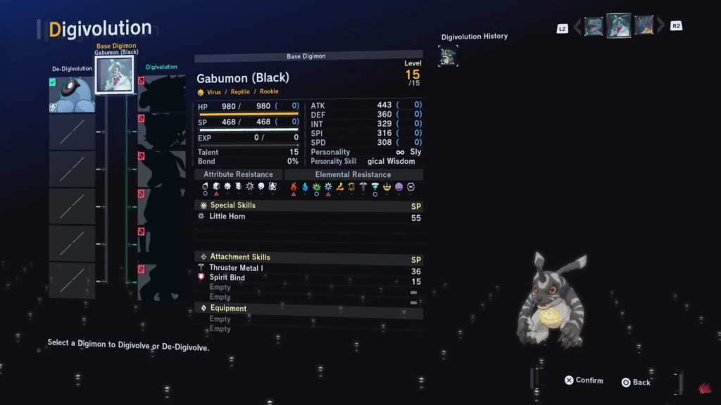 BlackGabumon Digivolution screen with level, stats, and abilities in Digimon Story Time Stranger