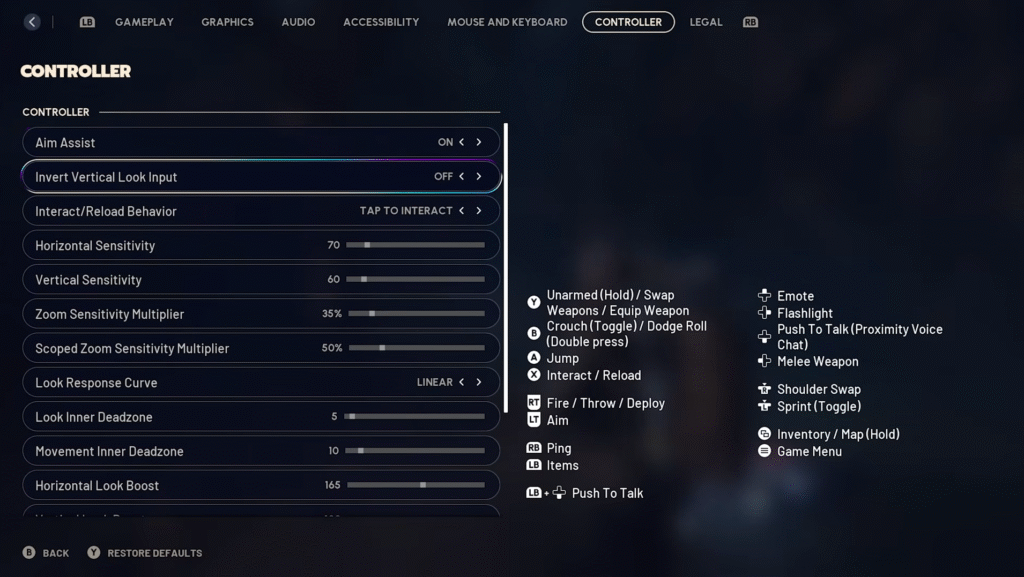 Controller Settings Interface ARC Raiders