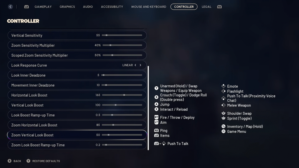 Controller Settings Interface on ARC Raiders