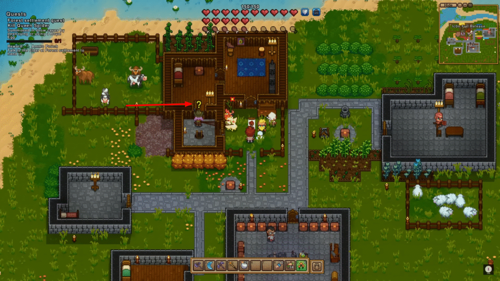 Necesse gameplay view showing a settler with a question mark above their head, ready to join