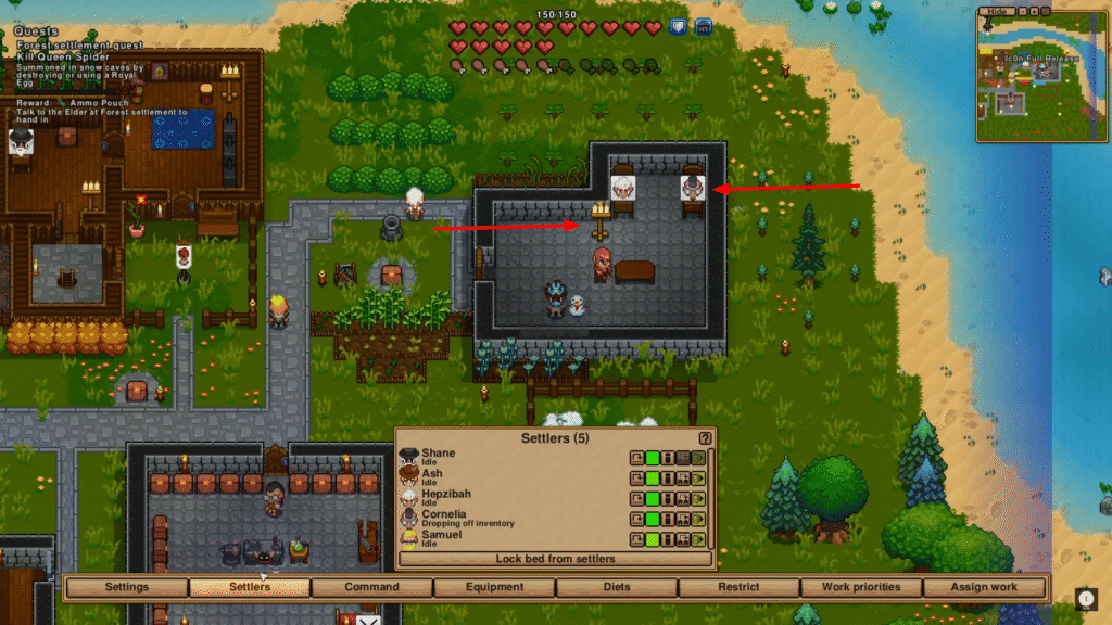 Necesse world view showing a proper settler house with lighting and beds highlighted