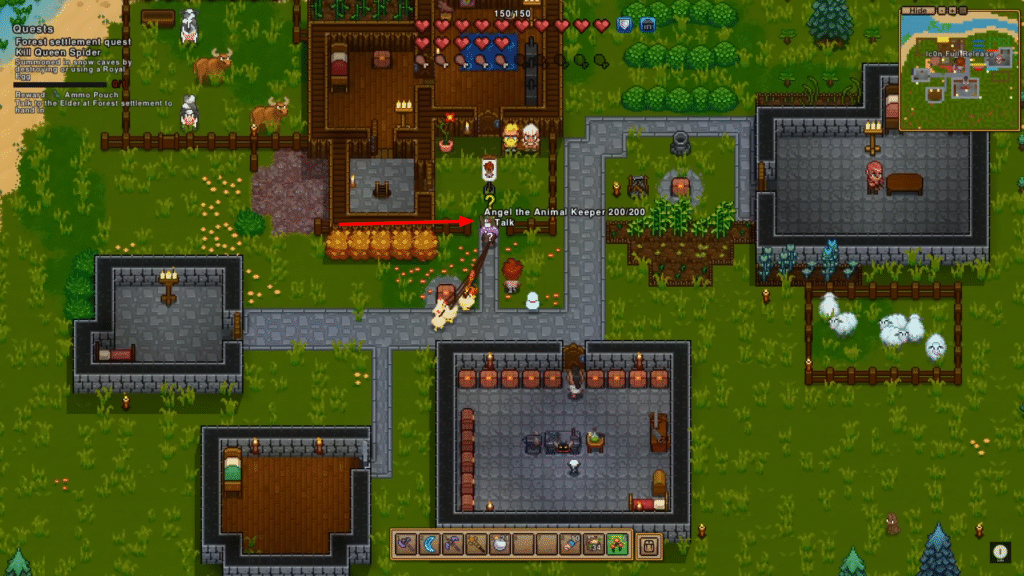 Necesse settler management screen highlighting Angel, the Animal Keeper, a settler with a specific job