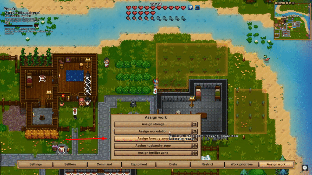 Necesse settlement Assign Work submenu showing the Assign Forestry Zone option highlighted