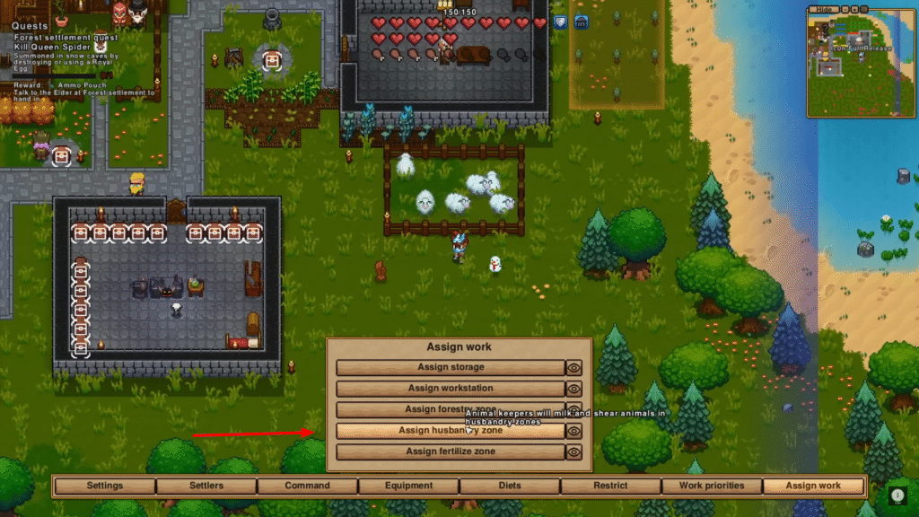 Necesse settlement Assign Work submenu showing the Assign Husbandry Zone option highlighted