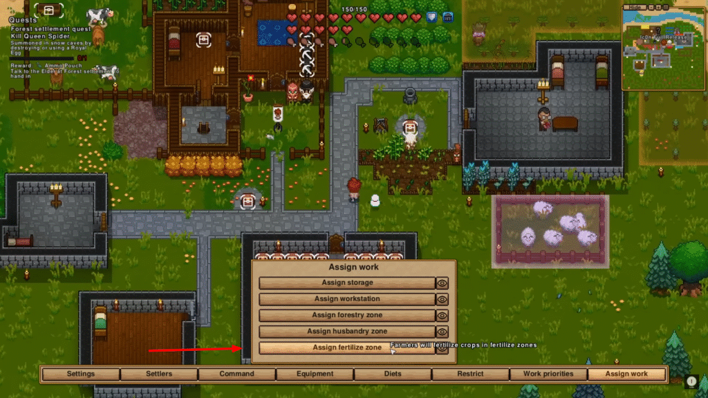 Necesse settlement Assign Work submenu showing the Assign Fertilize Zone option highlighted