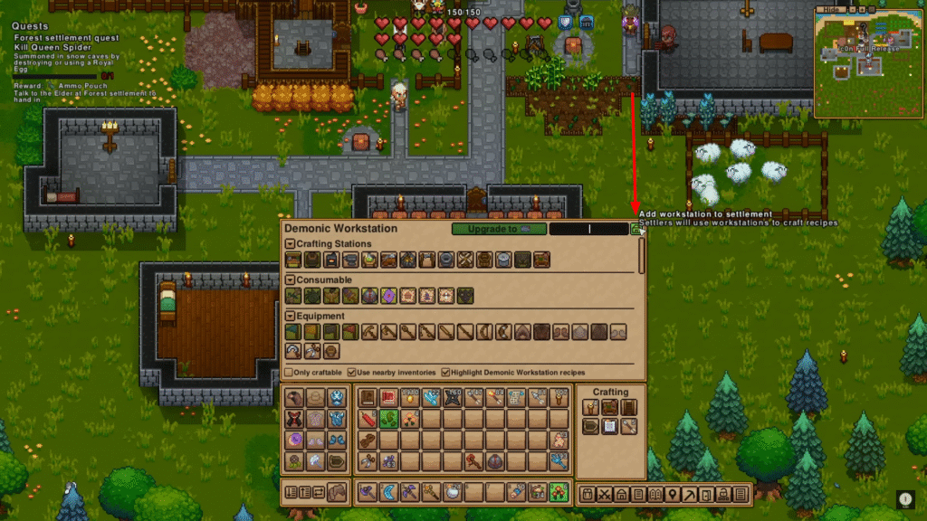 Necesse workstation interface with the Greenhouse icon highlighted to enable automated crafting