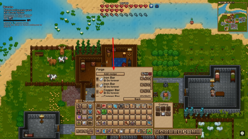 Necesse forge interface showing the Add Recipe button highlighted for automated crafting setup
