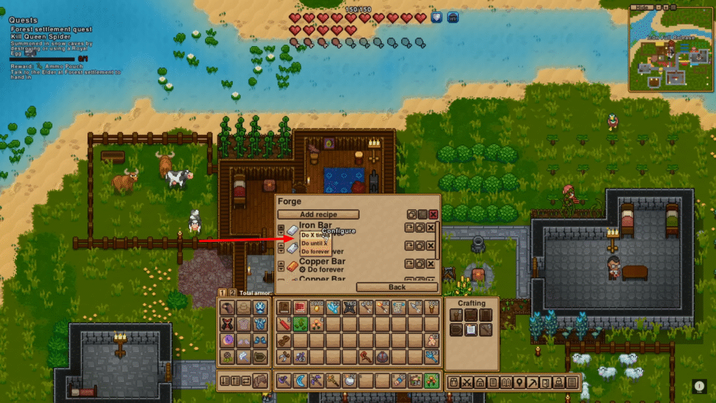 Necesse forge crafting interface with Crafting Limits highlighted for production control