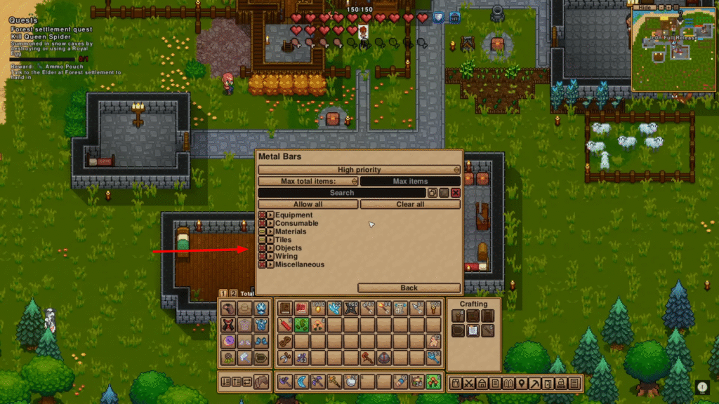 Necesse chest interface showing accepted item categories and a highlighted item filter configuration