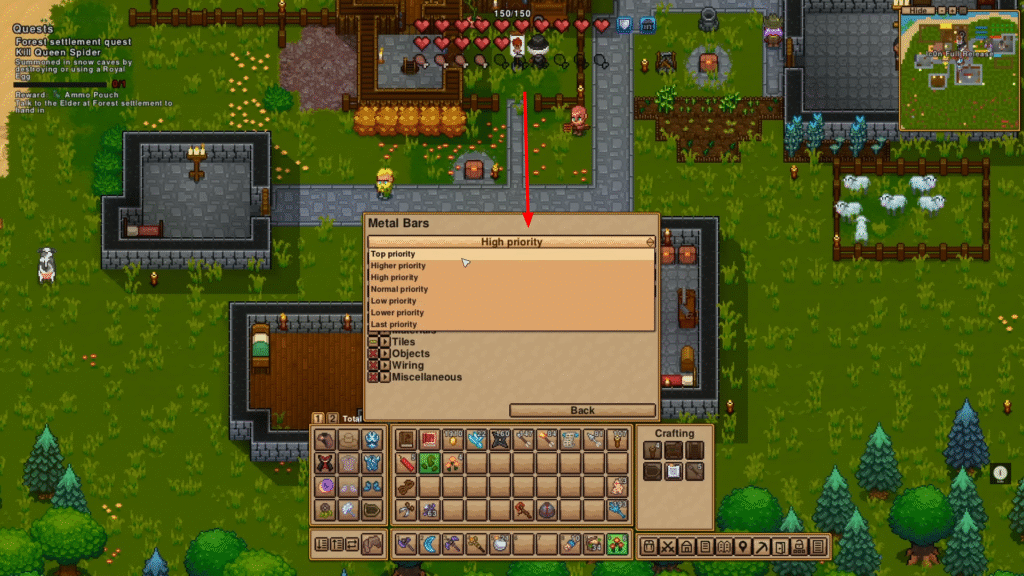Necesse chest interface with the Priority Order option highlighted for inventory sorting