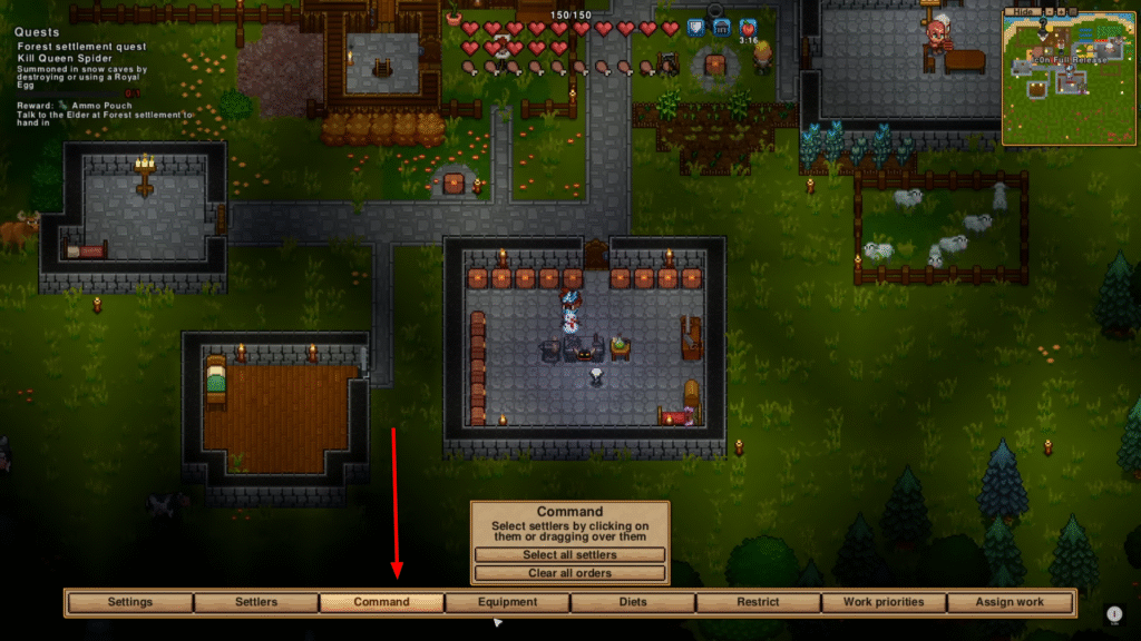 Necesse settlement management interface with the Command option highlighted for directing settlers