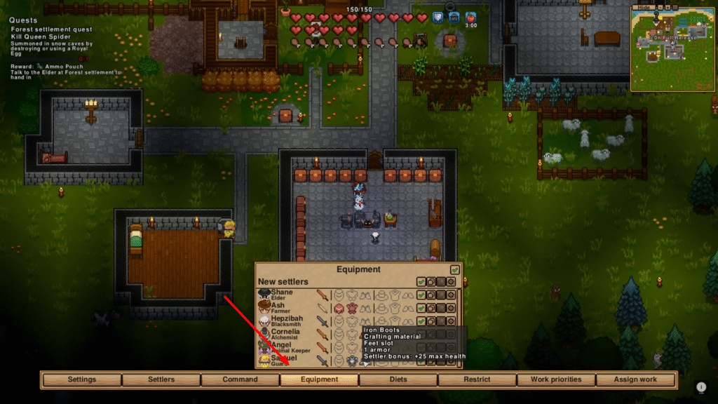 Necesse settlement management interface with Equipment highlighted for managing settler gear