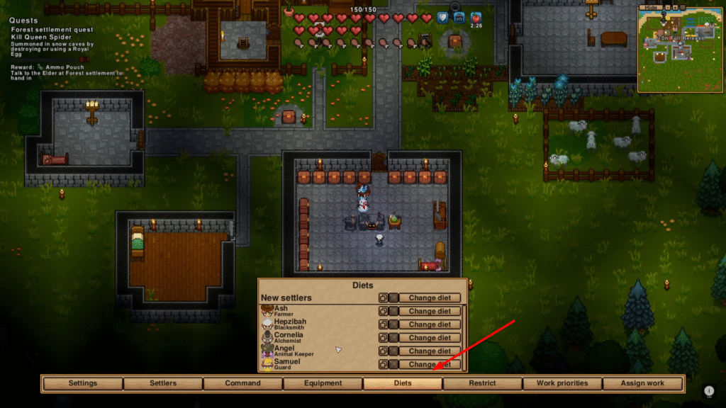 Necesse settlement management screen highlighting the Diets tab to configure settler food preferences