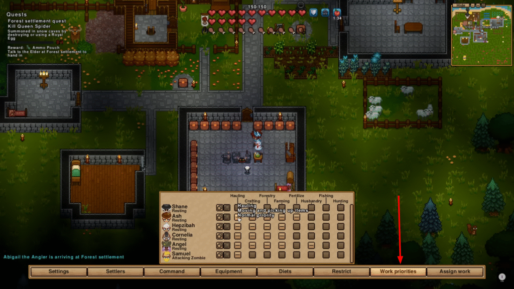 Necesse settlement management interface with Work Priorities highlighted for settler task control