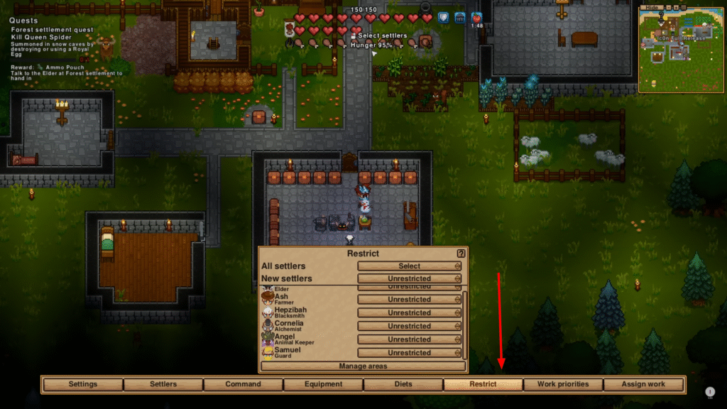 Necesse settlement management interface highlighting the Restrict tab to control settler areas