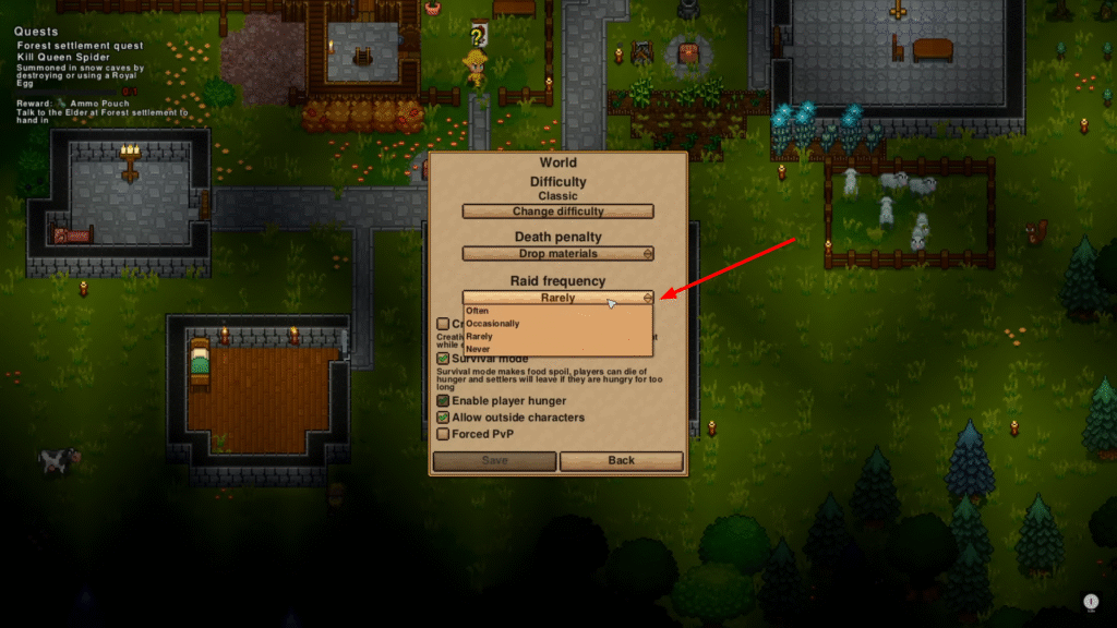 Necesse world settings interface with Raid Frequency settings highlighted for settlement defense