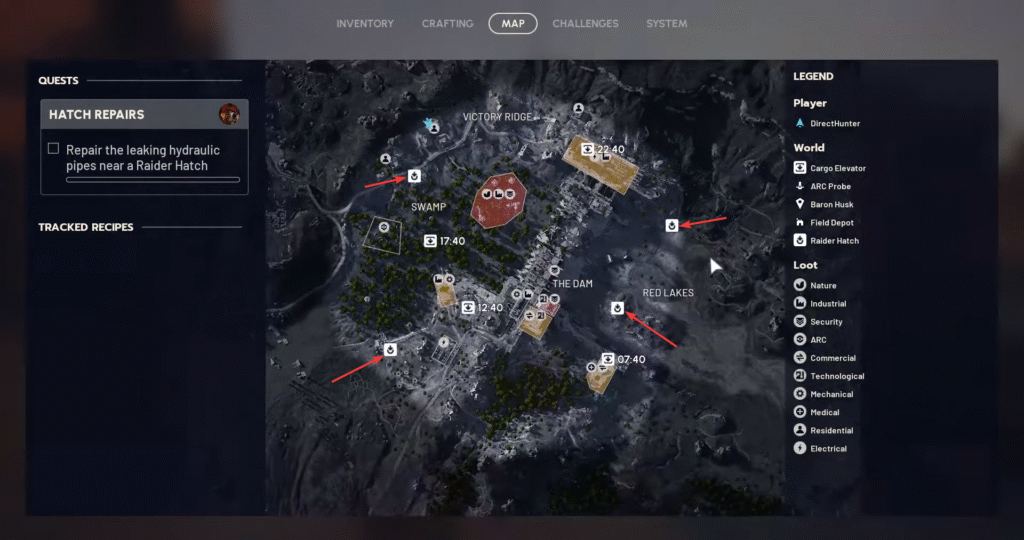 A map with arrows showing Raider hatches in ARC Raiders