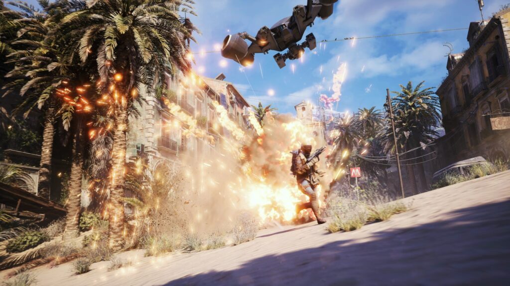 Promotional screenshot of a Raider fighting a Rocketeer in ARC Raiders