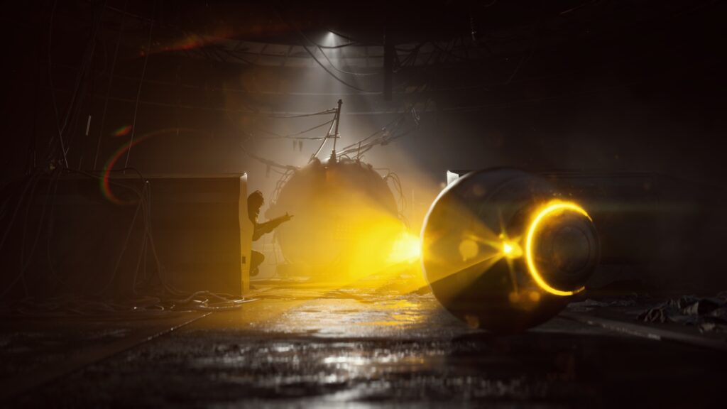 Official ARC Raiders promo shot, a Raider hides from a Fireball