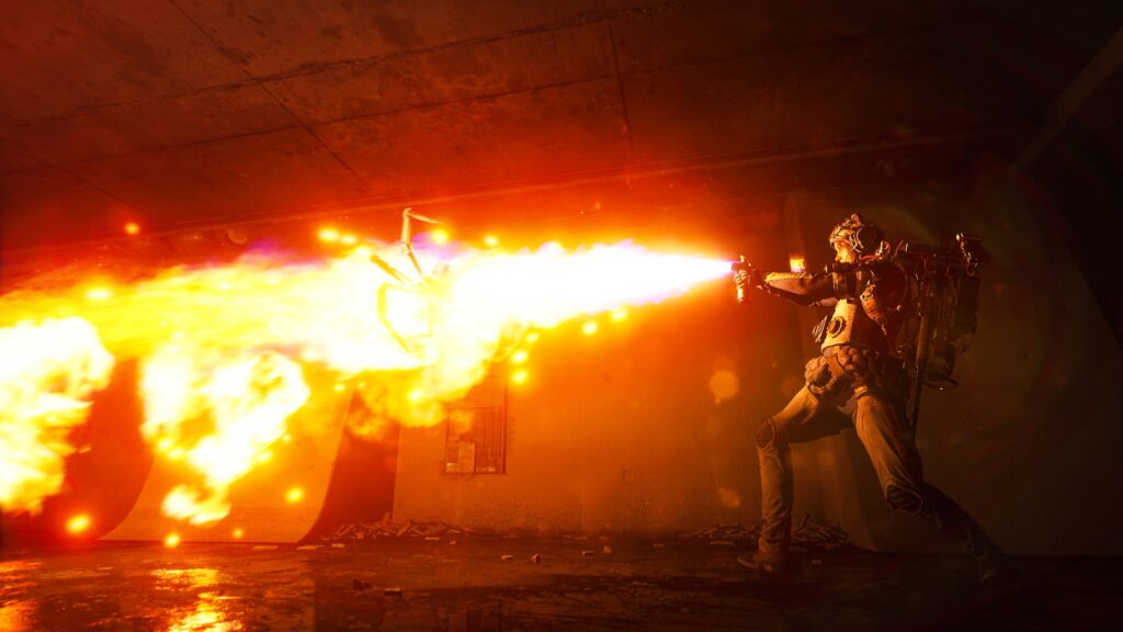 Official ARC Raiders promo shot, a Raider uses a flamethrower tool.