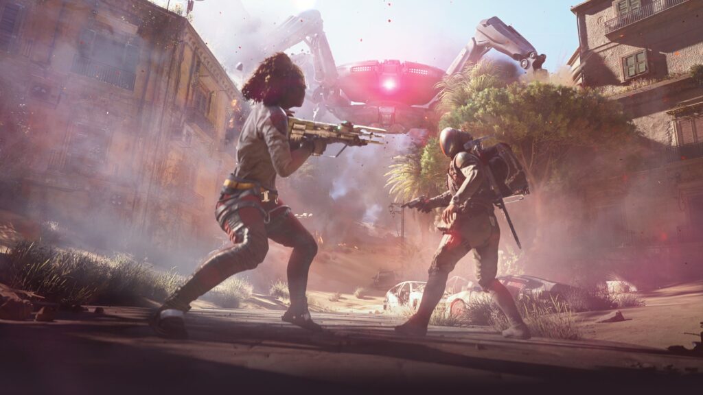 Official ARC Raiders promo shot, two Raiders surprised by a Queen ARC