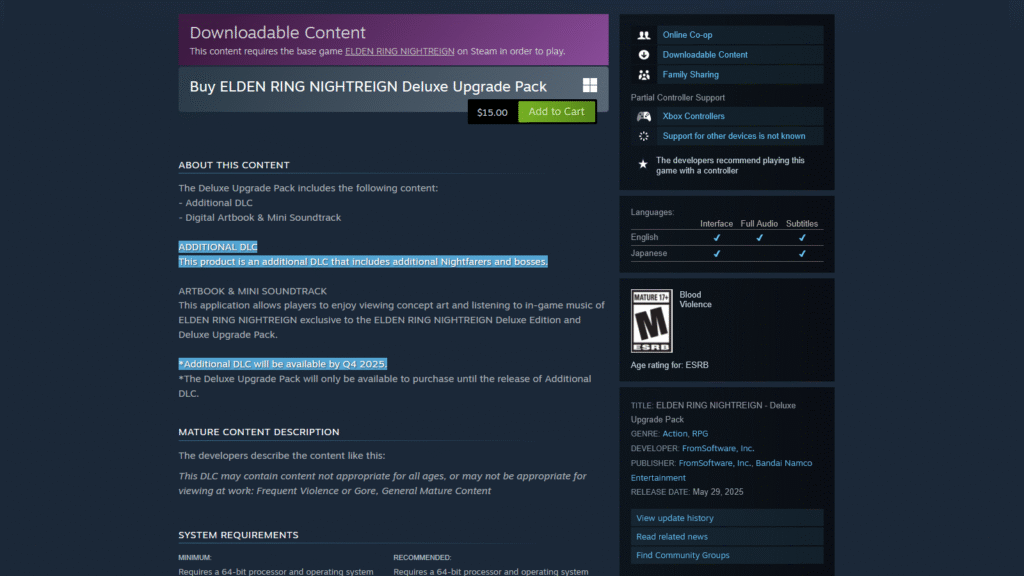 Elden Ring Nightreing DLC page on Steam