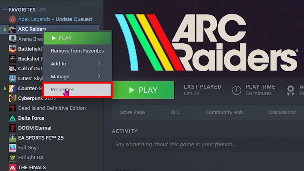 ARC Raiders Steam Properties 