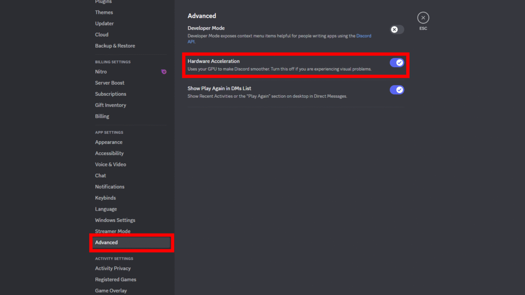 Discord User Settings - Hardware Acceleration