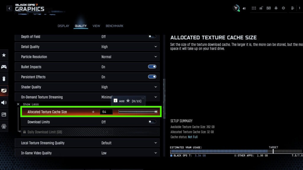 Maximum Texture Streaming Cache | Call of Duty: Black Ops 7