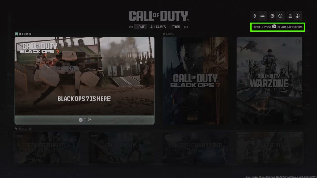 Player 2 join prompt in Call of Duty main menu