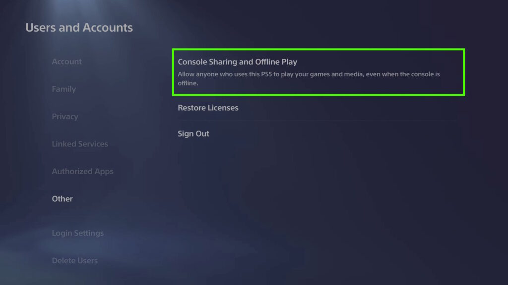 PlayStation 5 Console Sharing and Offline Play setting