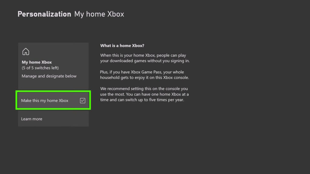 My Home Xbox setting on Xbox Series
