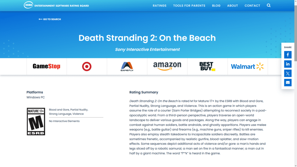 Death Stranding 2: On the Beach Rated For PC by ESRB