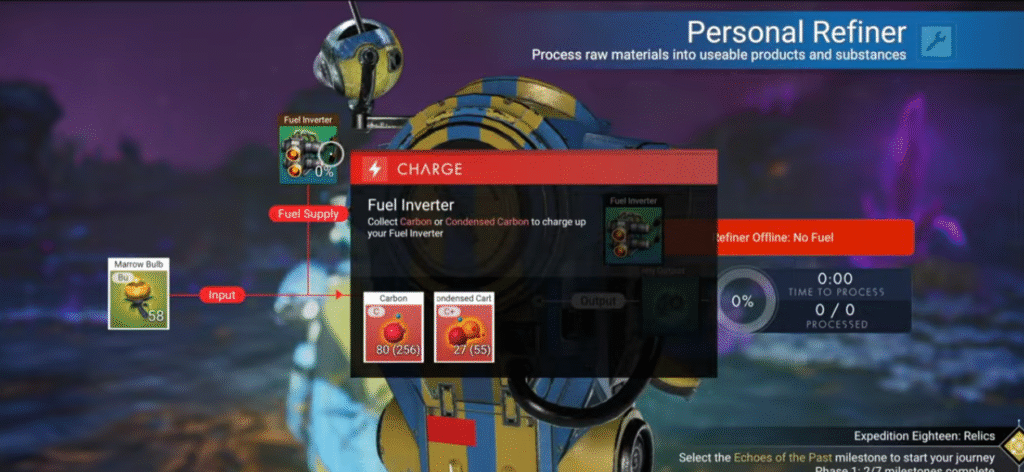 Fixing the broken Portable Refiner to complete the Phase 1 of No Man's Sky Relics Redux Expedition 18.