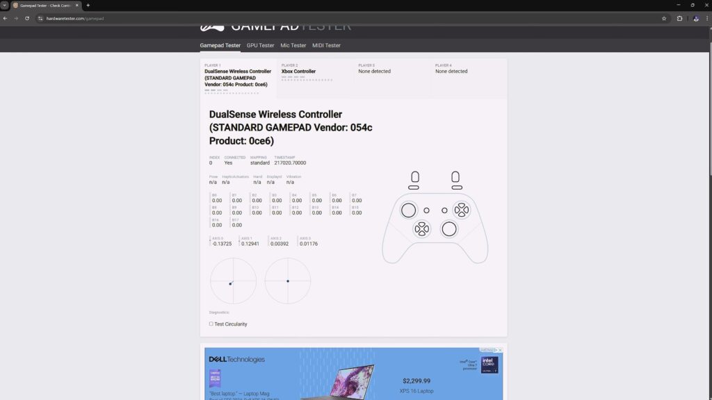 DualSense testing on GamePad Tester website