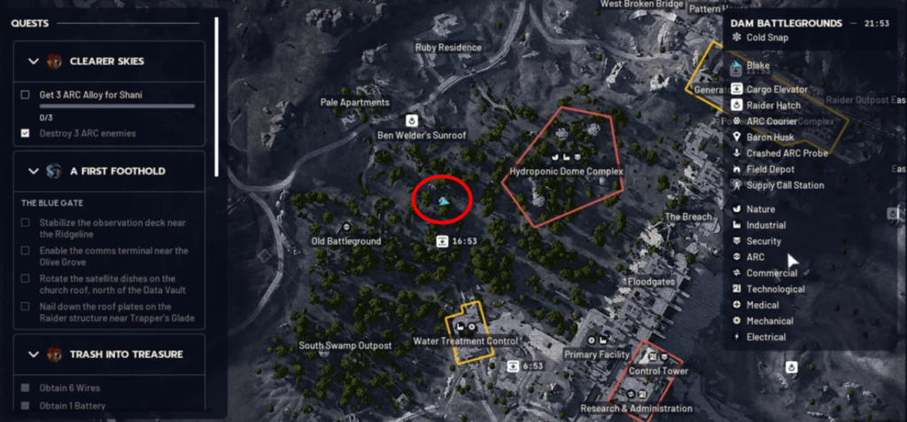 The Dam Battlegrounds Building Method location shown in map to complete the Throw Snowballs on Rocketeers trial in ARC Raiders with high score.