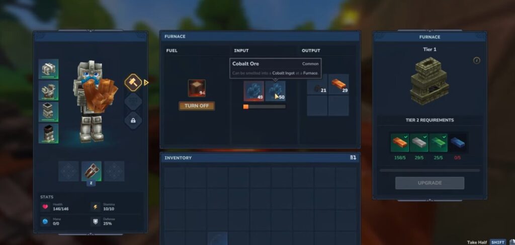 Putting Cobalt in the Furnace to smelt them and make Cobalt Ingot for Cobalt Armor and Weapons in Hytale.