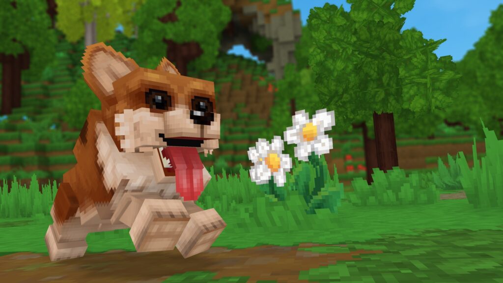 A dog frolicking in Hytale