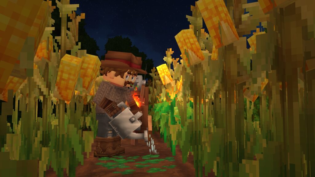 Promotional shot of a farmer watering corn | Hytale